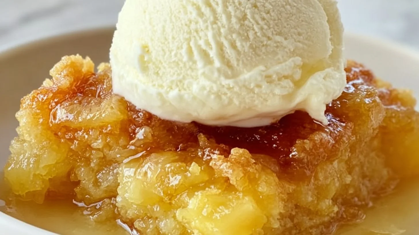 Easy Pineapple Upside Down Dump Cake dessert ready to serve.