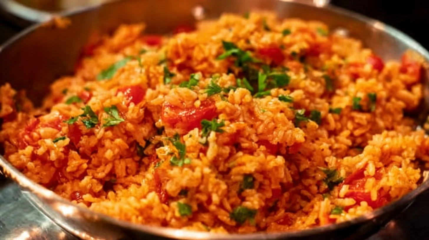 Bowl of easy Spanish rice recipe garnished with parsley and lime slices