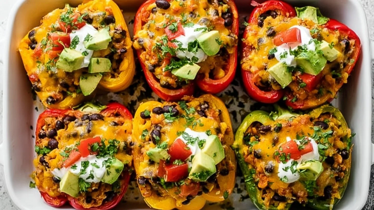 Delicious taco stuffed peppers filled with ground beef, cheese, and spices.