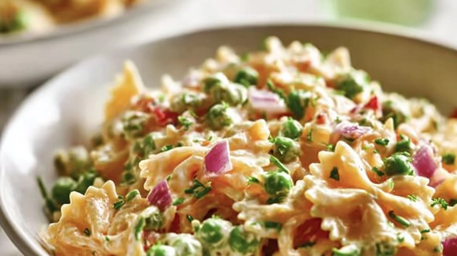 Bowl of colorful French Dressing Pasta Salad topped with vegetables and herbs