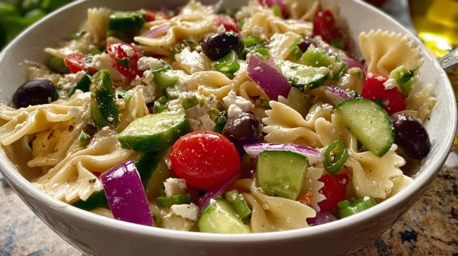 Delicious Greek pasta salad with olives, feta cheese, and fresh vegetables