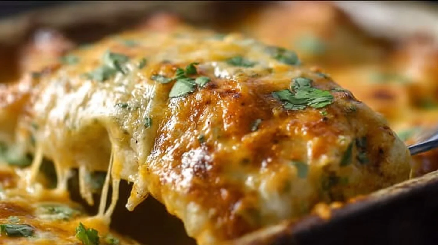 Delicious Green Chile Chicken Enchiladas topped with cheese and green sauce