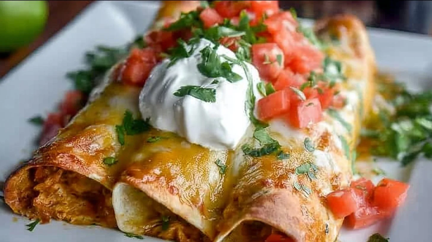 Plate of green chile chicken enchiladas garnished with cheese and cilantro