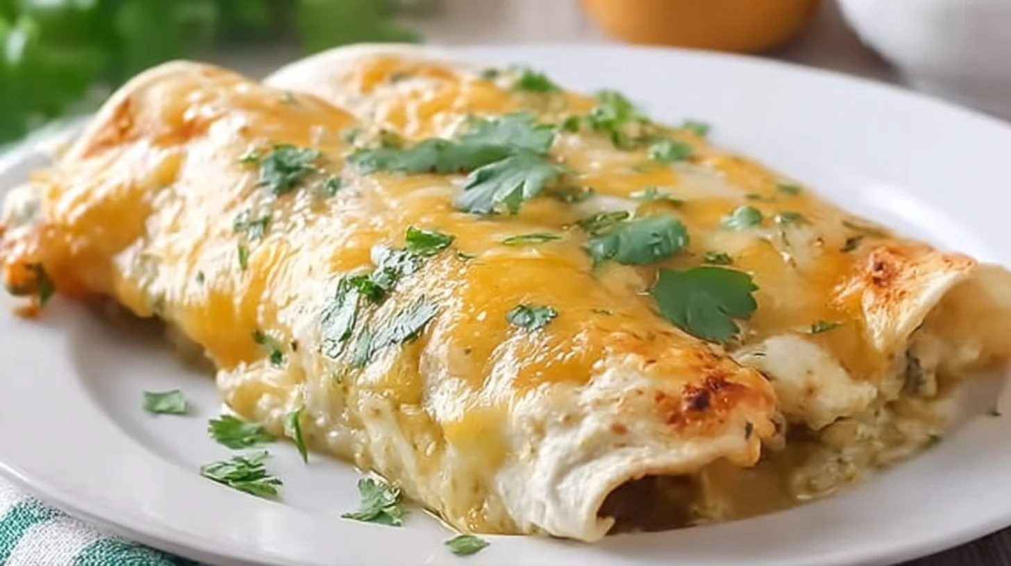 Delicious Green Chile Chicken Enchiladas topped with cheese and green sauce