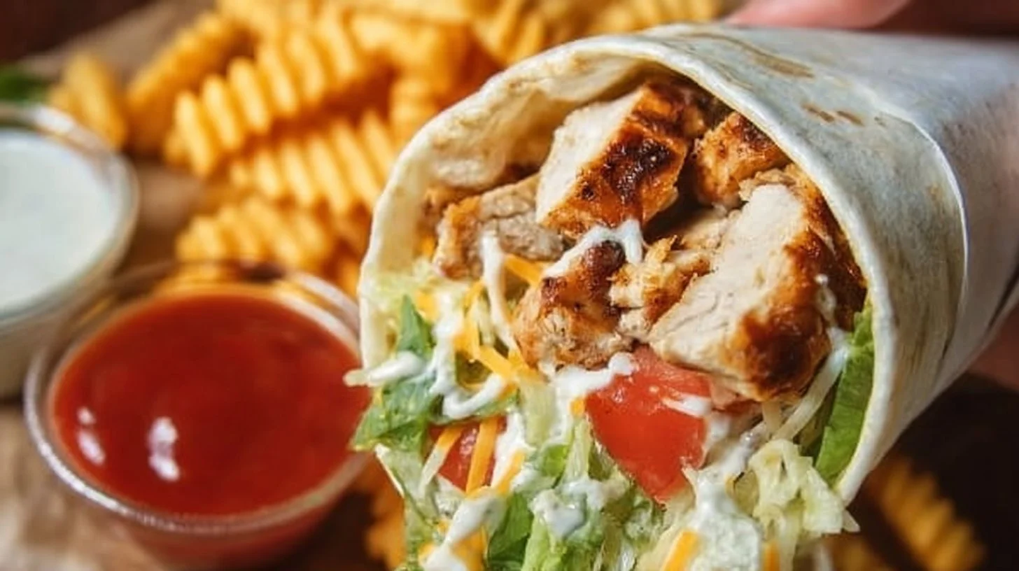 Grilled chicken wrap with chipotle mayo, fresh veggies, and a warm tortilla