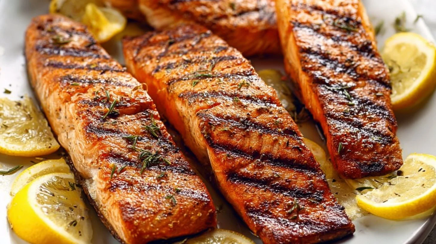 Deliciously grilled salmon fillet served with fresh herbs and lemon.