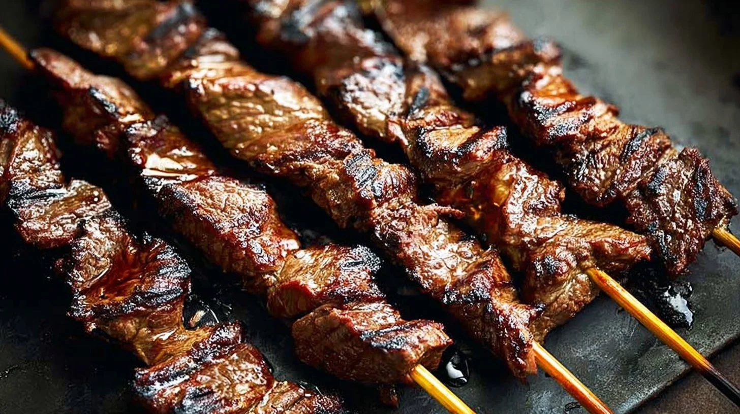 Delicious grilled skirt steak skewers on a plate