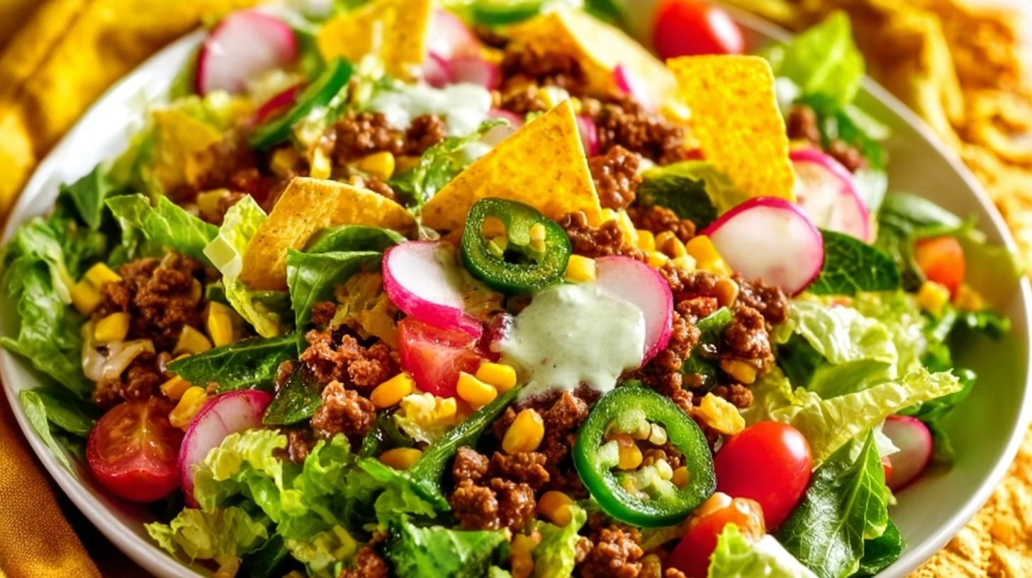 Delicious Ground Beef Taco Salad with fresh toppings and vibrant colors