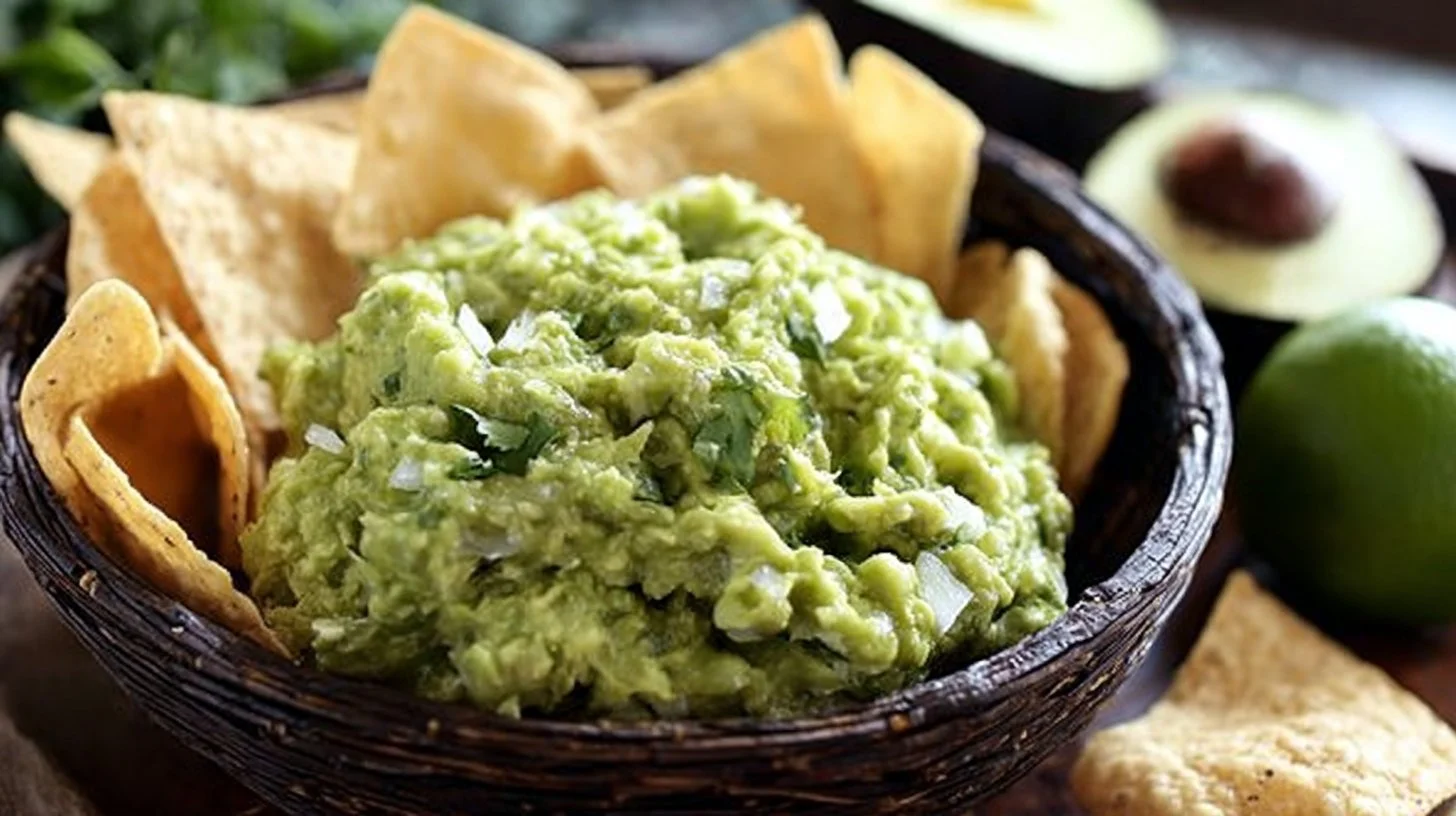 Delicious homemade guacamole served with tortilla chips.