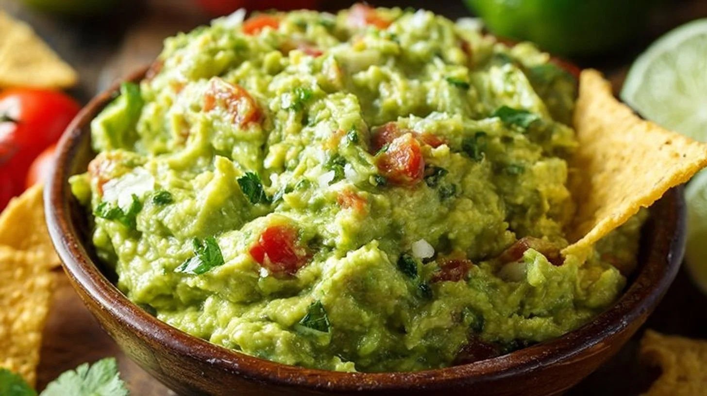 Freshly made guacamole served in a bowl with tortilla chips