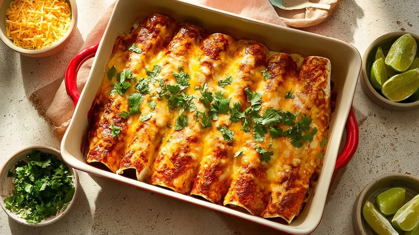 High protein chicken enchiladas topped with cheese and fresh cilantro