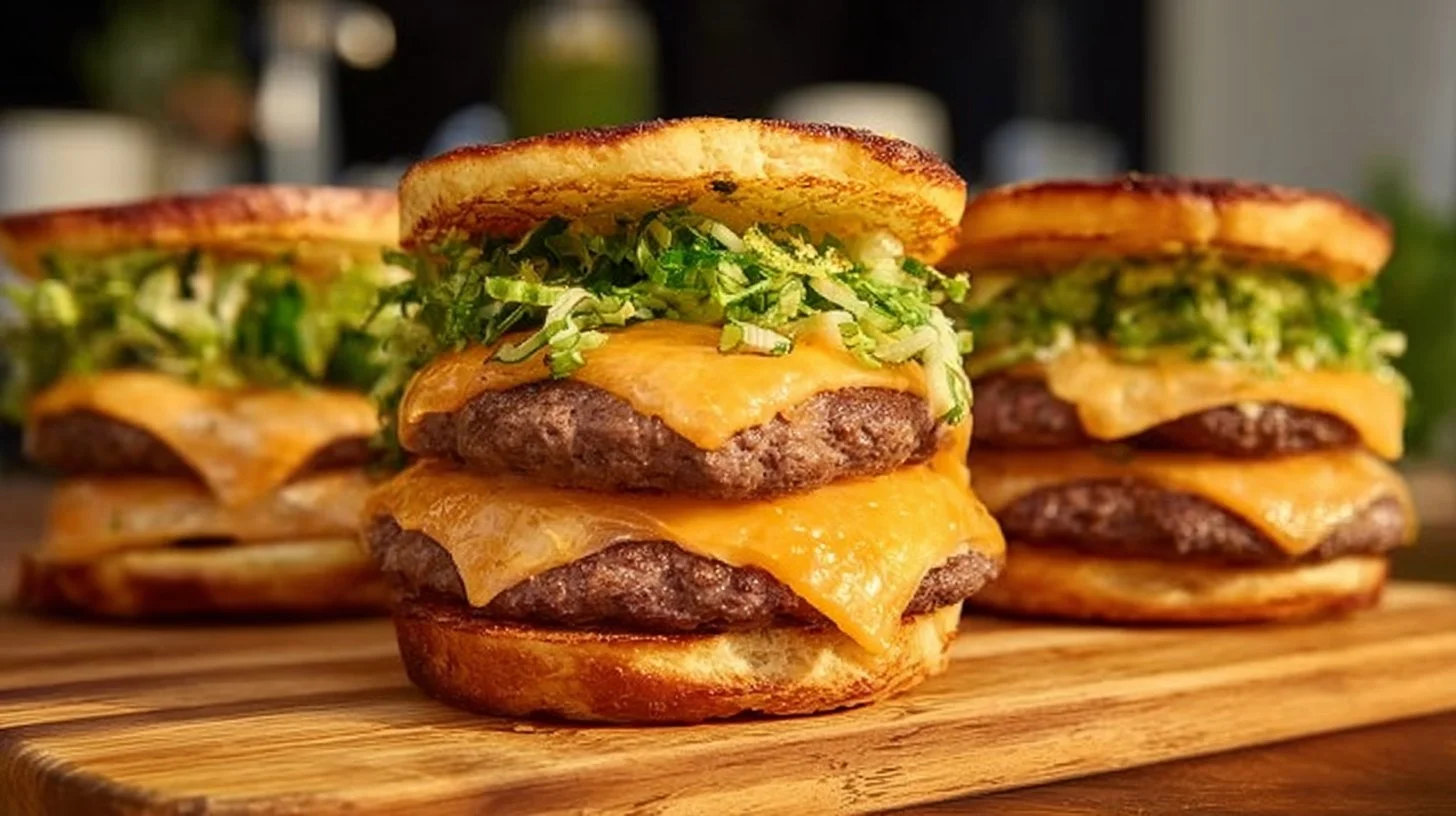 High protein garlic bread cheeseburgers garnished with fresh herbs