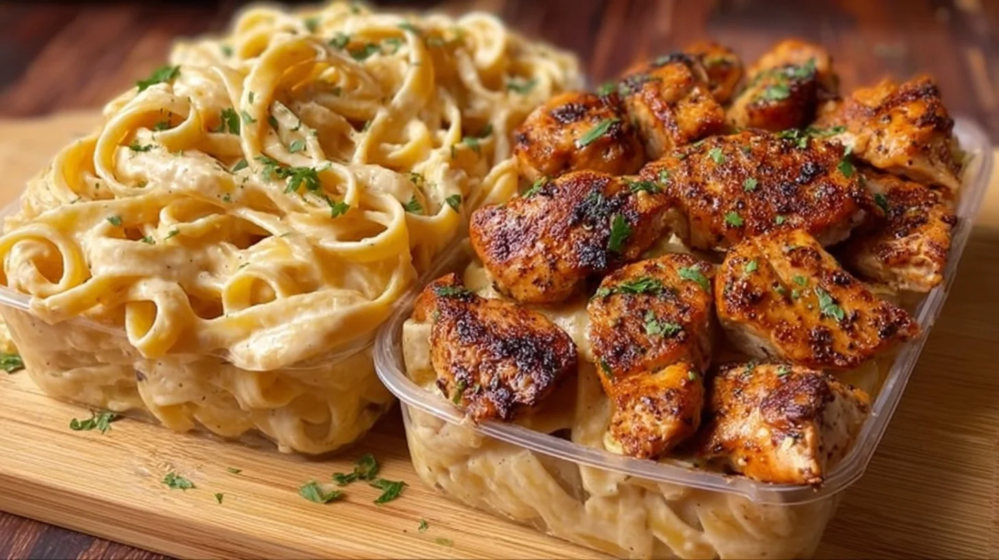 High protein grilled chicken alfredo pasta served in a bowl.