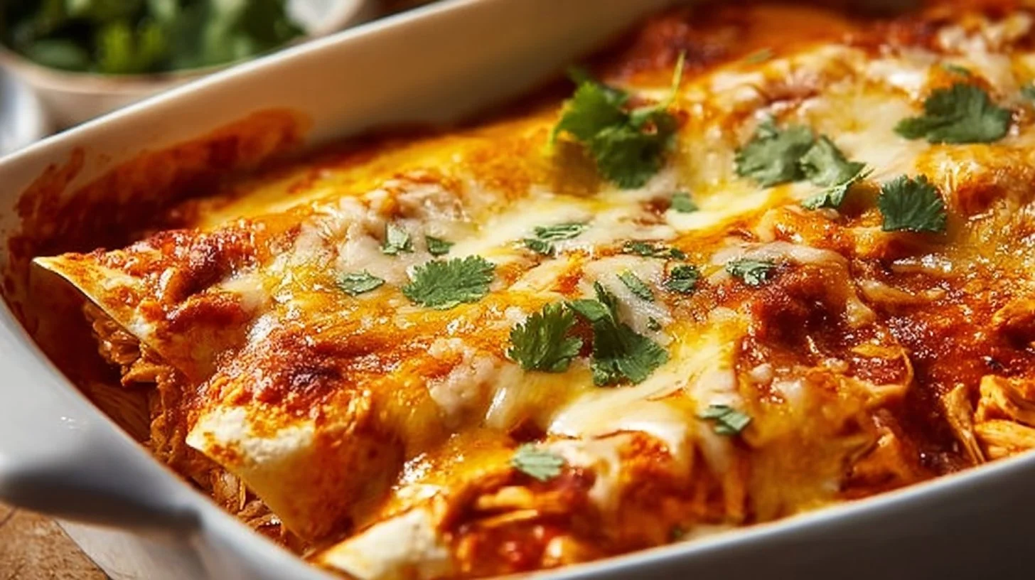 Delicious homemade chicken enchiladas ready to serve with toppings.