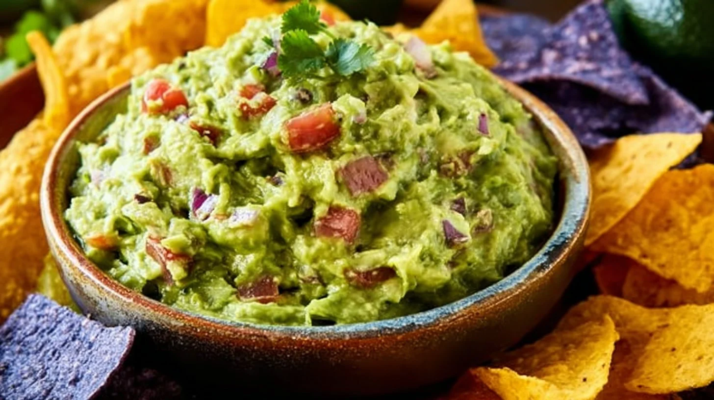 Fresh homemade guacamole with avocado, lime, and spices on a wooden table.