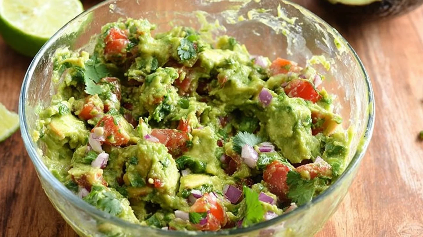 Bowl of homemade guacamole with fresh ingredients and chips on the side.