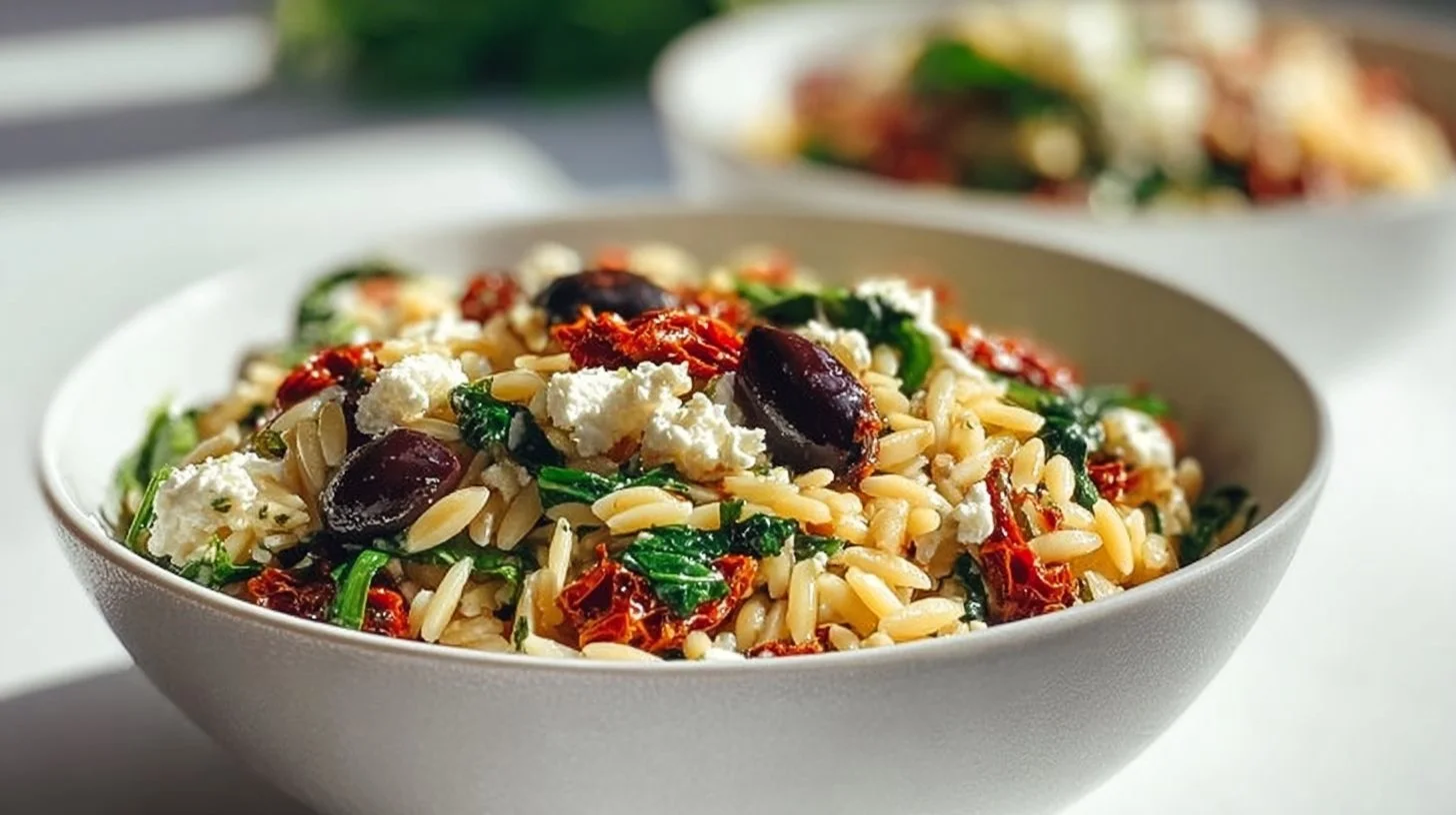 Homemade orzo pasta salad with feta and sun-dried tomatoes served in a bowl