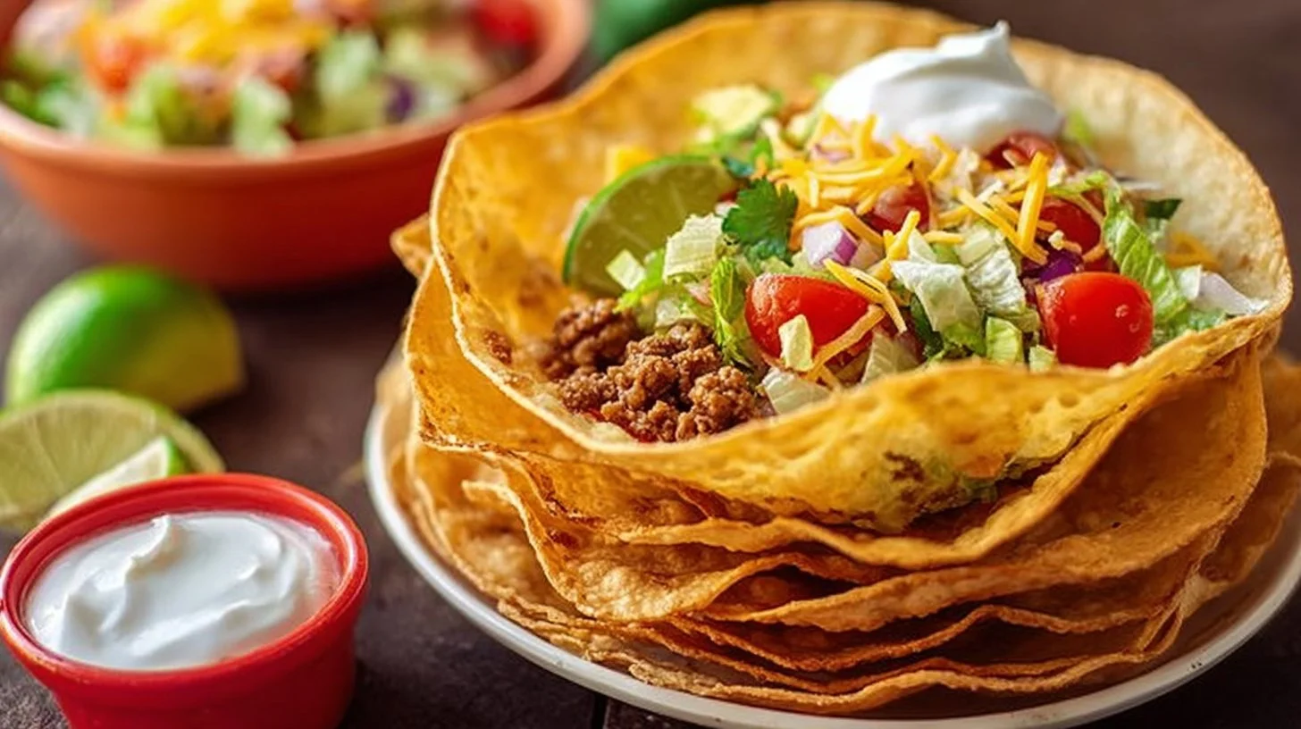 Homemade taco salad shells filled with fresh ingredients