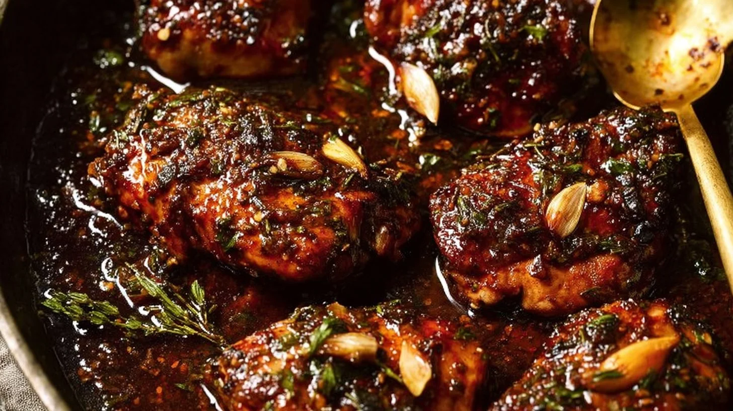 Hot honey baked chicken breasts plated with herbs and spices.