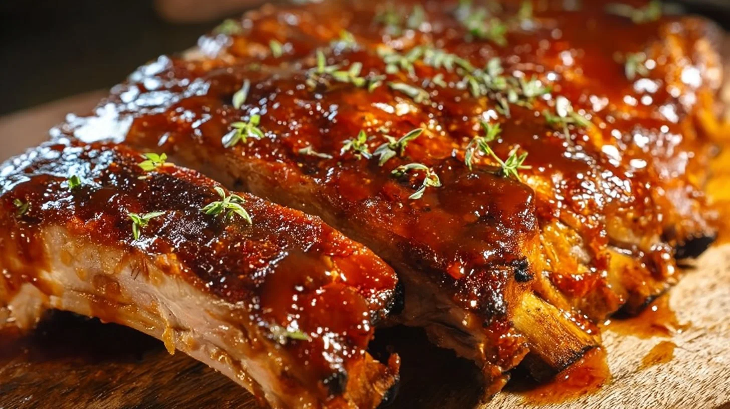 Delicious and tender oven-baked ribs on a plate, ready to be served.