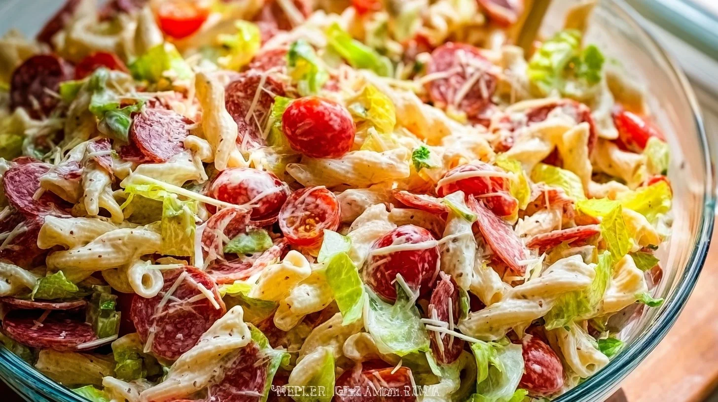 Italian Grinder Pasta Salad with fresh vegetables and pasta in a colorful bowl