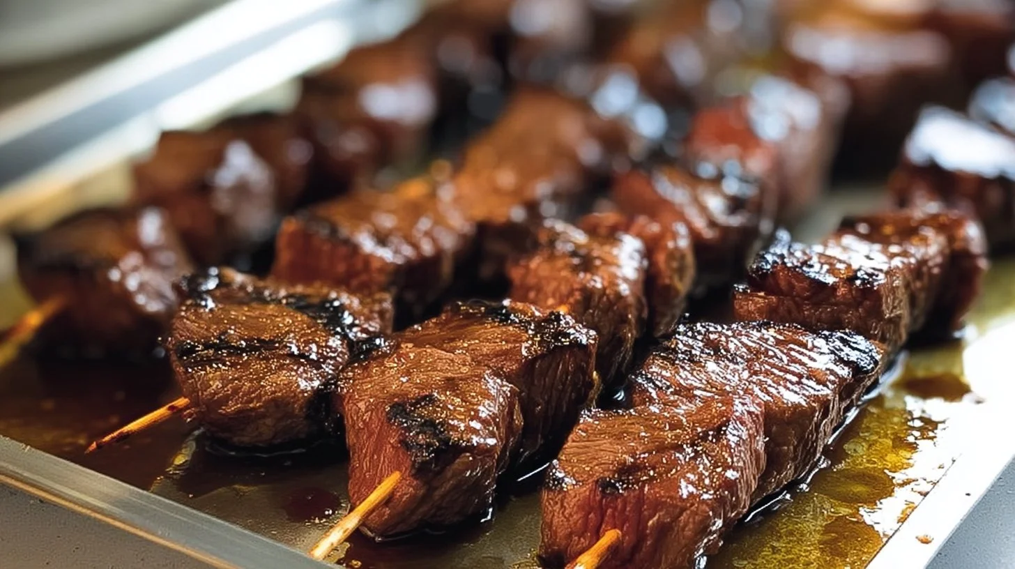Juicy skirt steak kabobs on a grill with colorful vegetables
