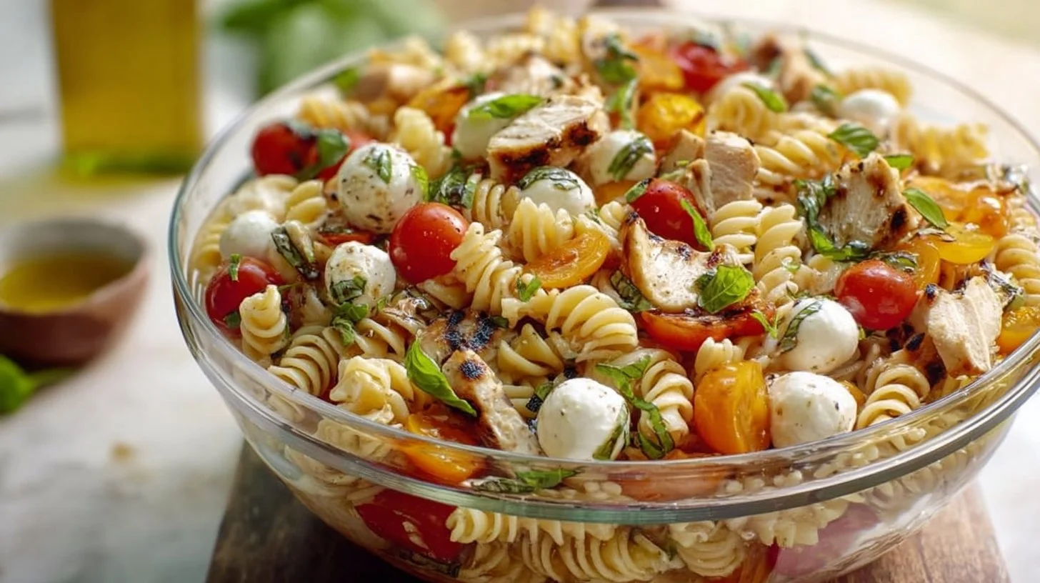 Layered Grilled Chicken Caprese Pasta Salad with fresh ingredients.