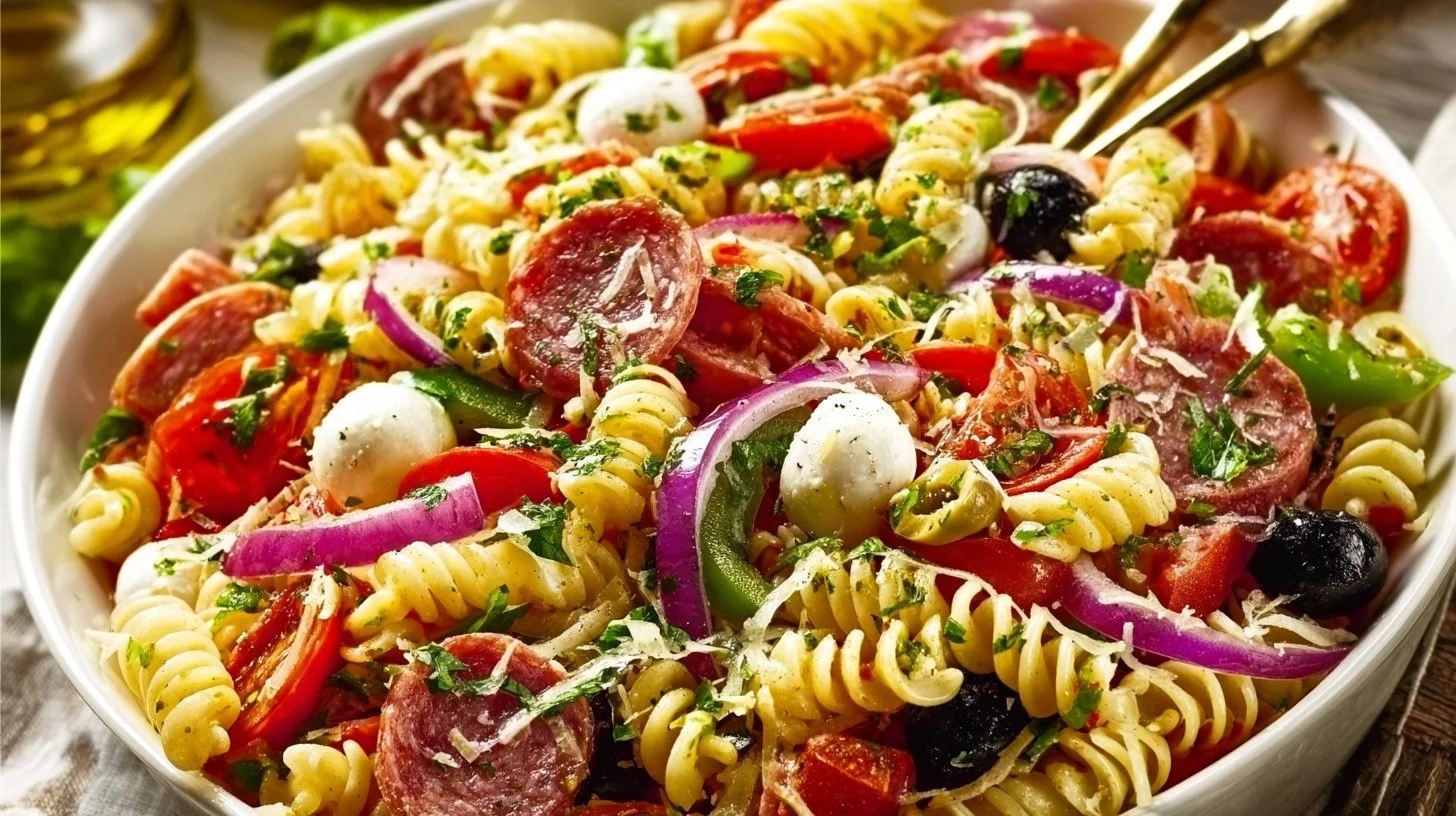 Bowl of vibrant and fresh legendary pasta salad with colorful vegetables
