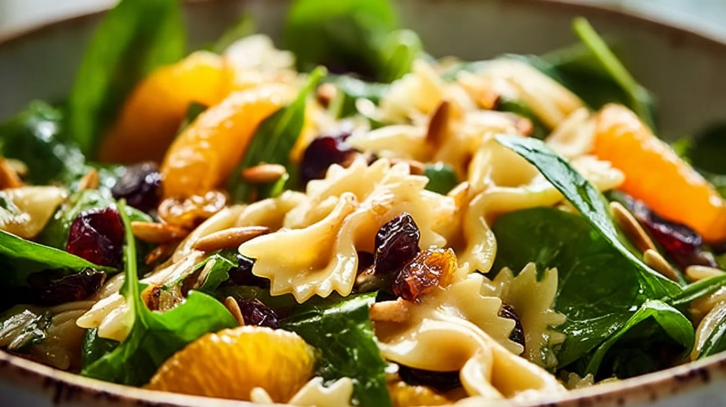 Mandarin Pasta Salad with spinach and teriyaki dressing served in a bowl