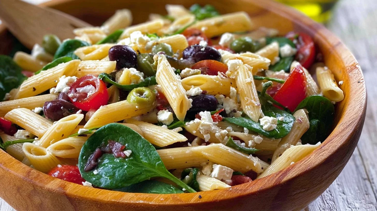 Colorful Mediterranean Pasta Salad with fresh vegetables and feta cheese