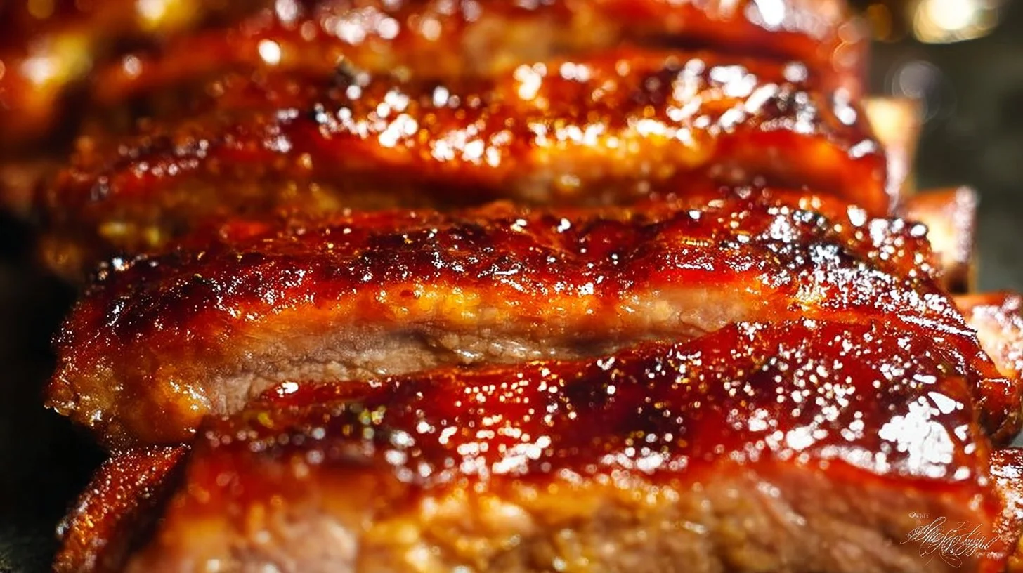 Oven baked barbecue ribs with glaze on a serving platter