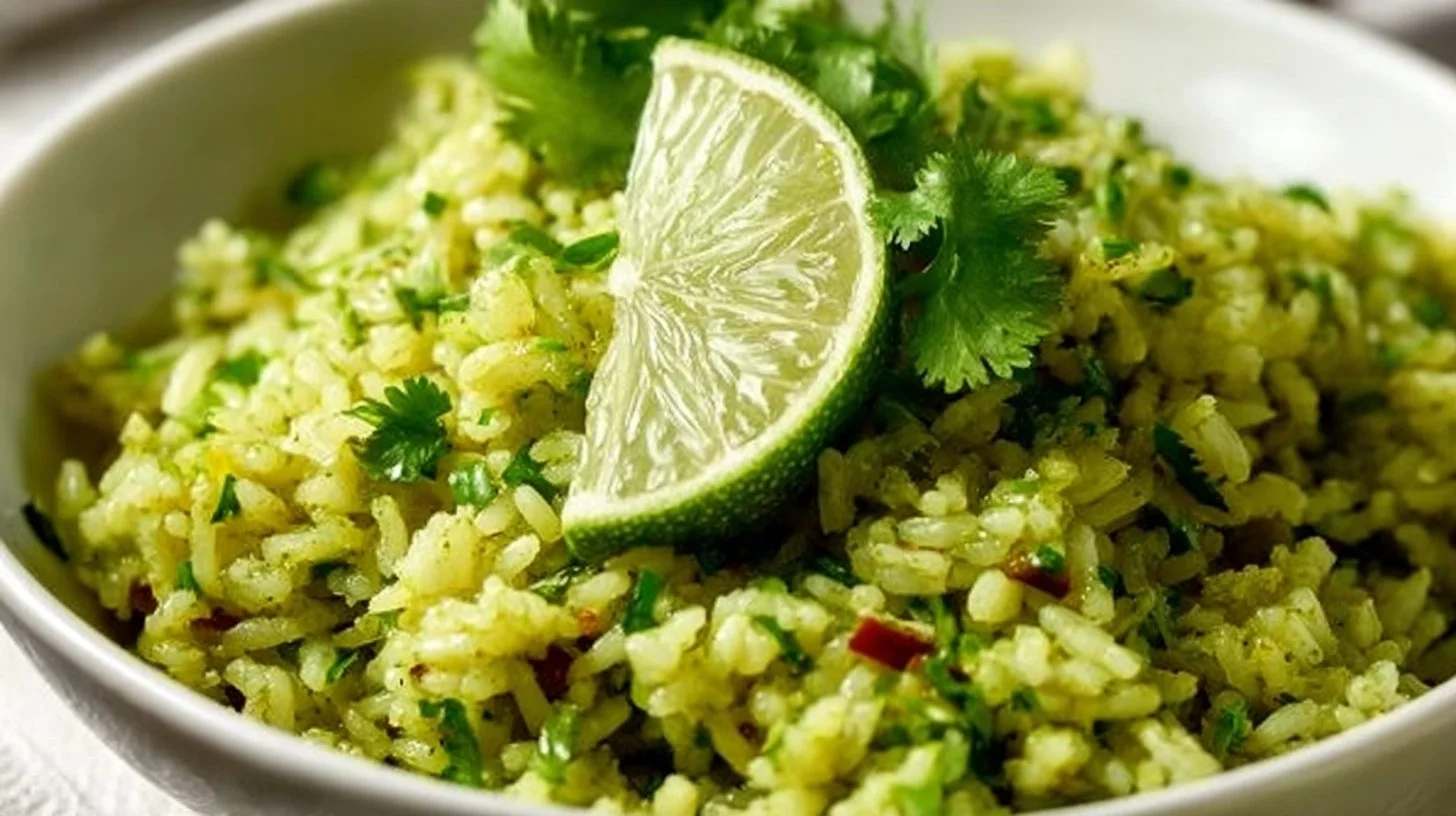 Delicious bowl of Mexican green rice served with fresh herbs and spices
