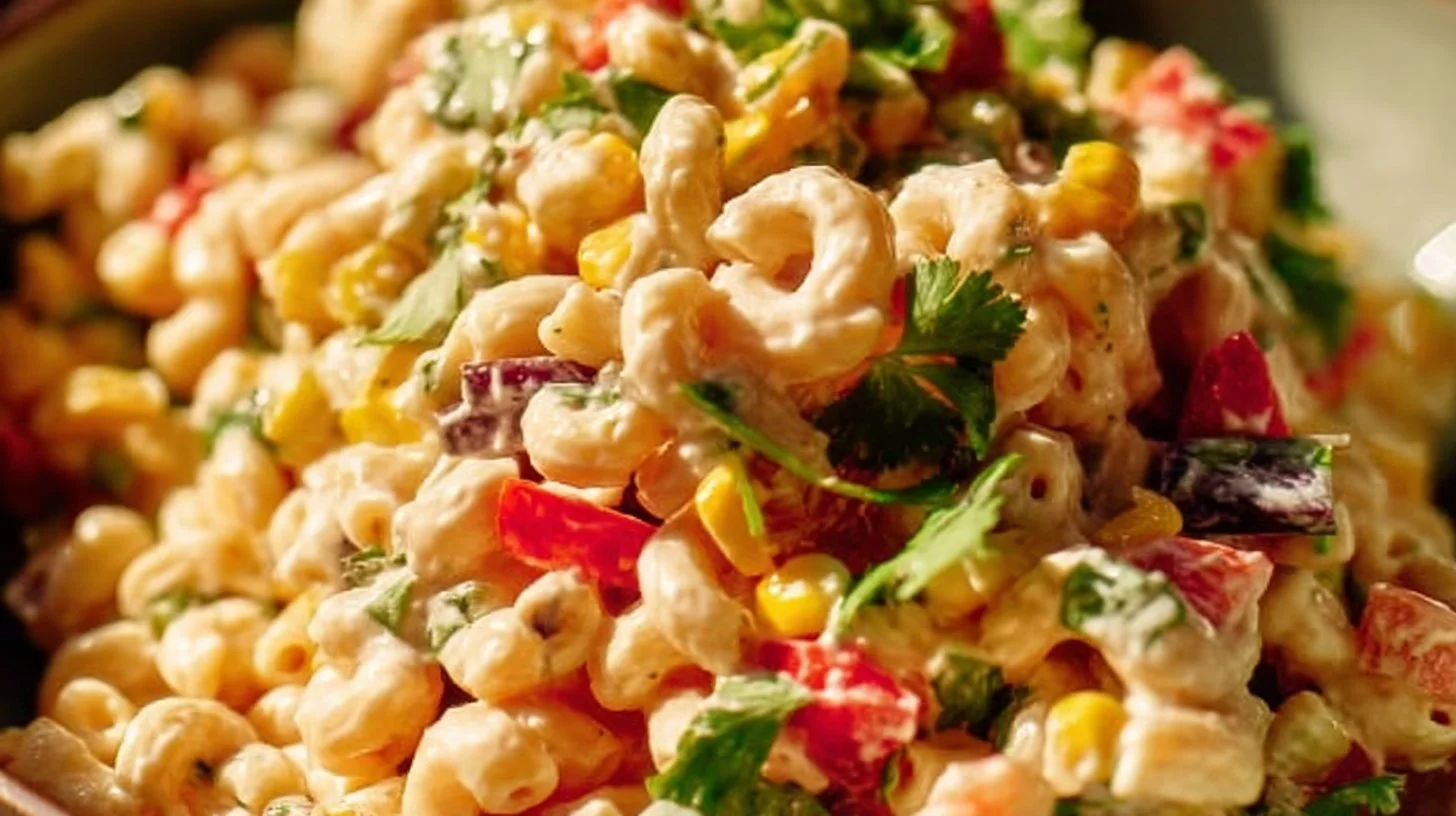 Colorful Mexican Macaroni Salad with fresh toppings and ingredients.