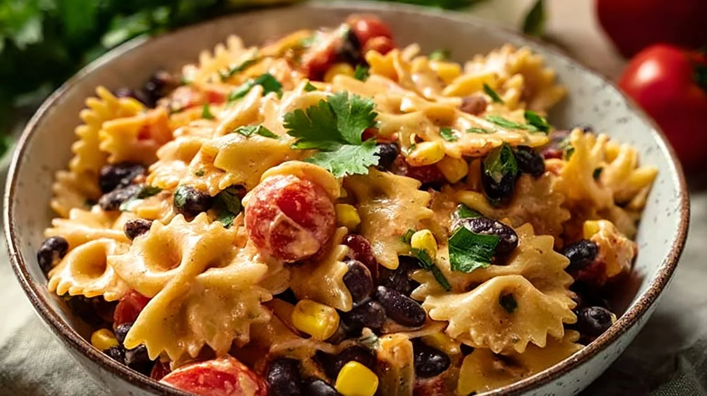 Colorful Mexican Pasta Salad with fresh ingredients and zesty dressing