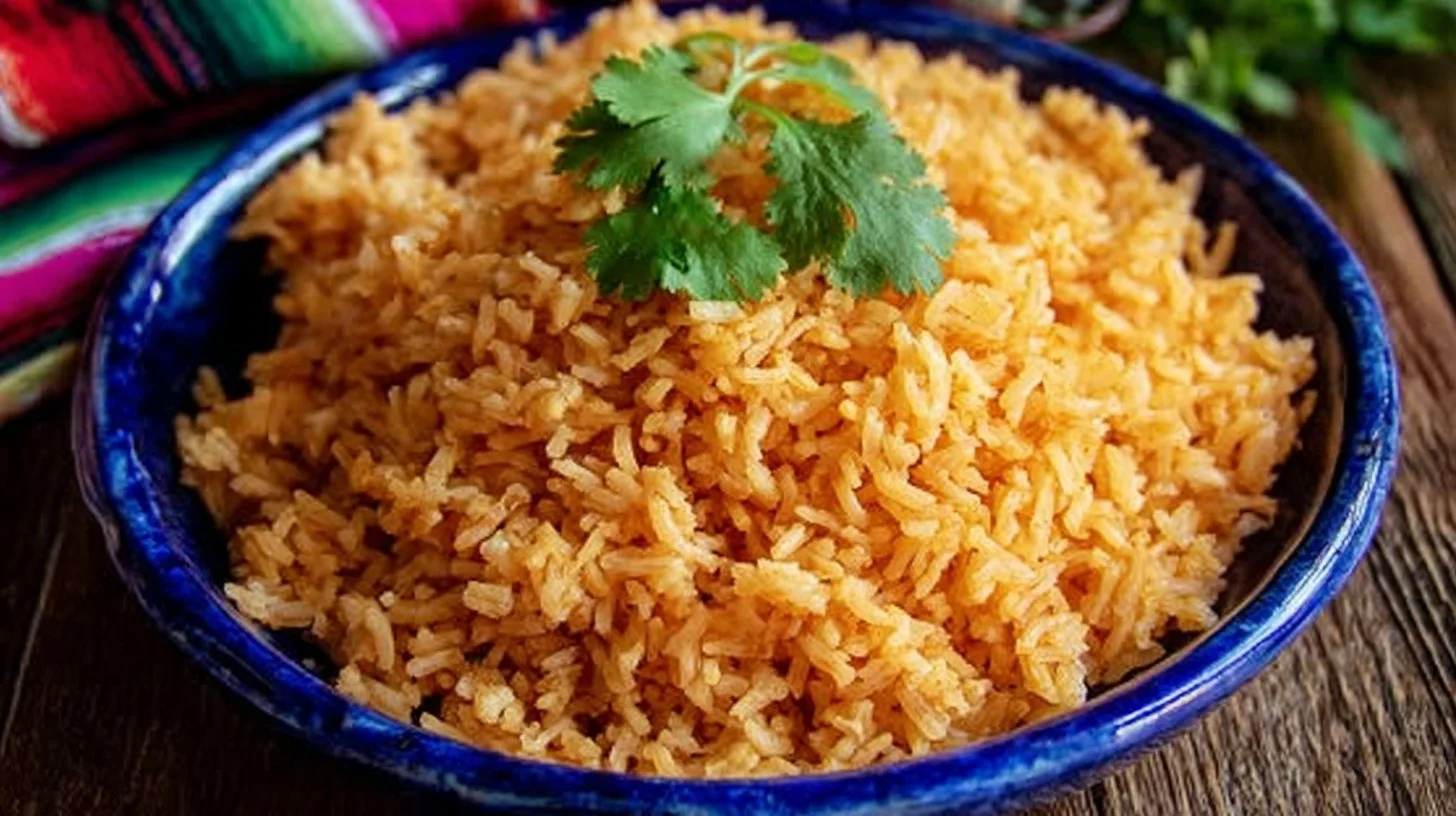 Delicious bowl of homemade Mexican rice served with vibrant garnishes