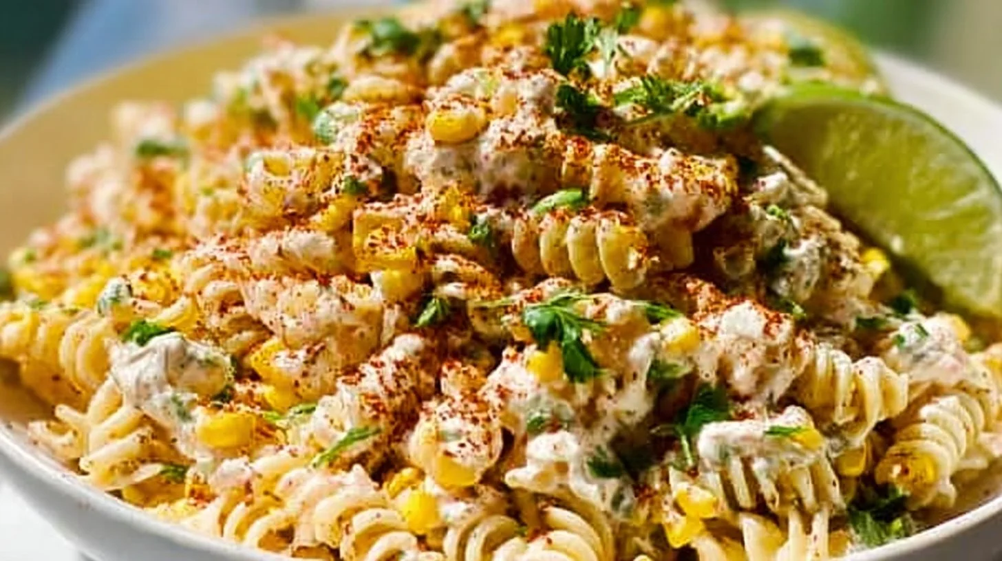 Bowl of Mexican street corn pasta salad garnished with cilantro and lime