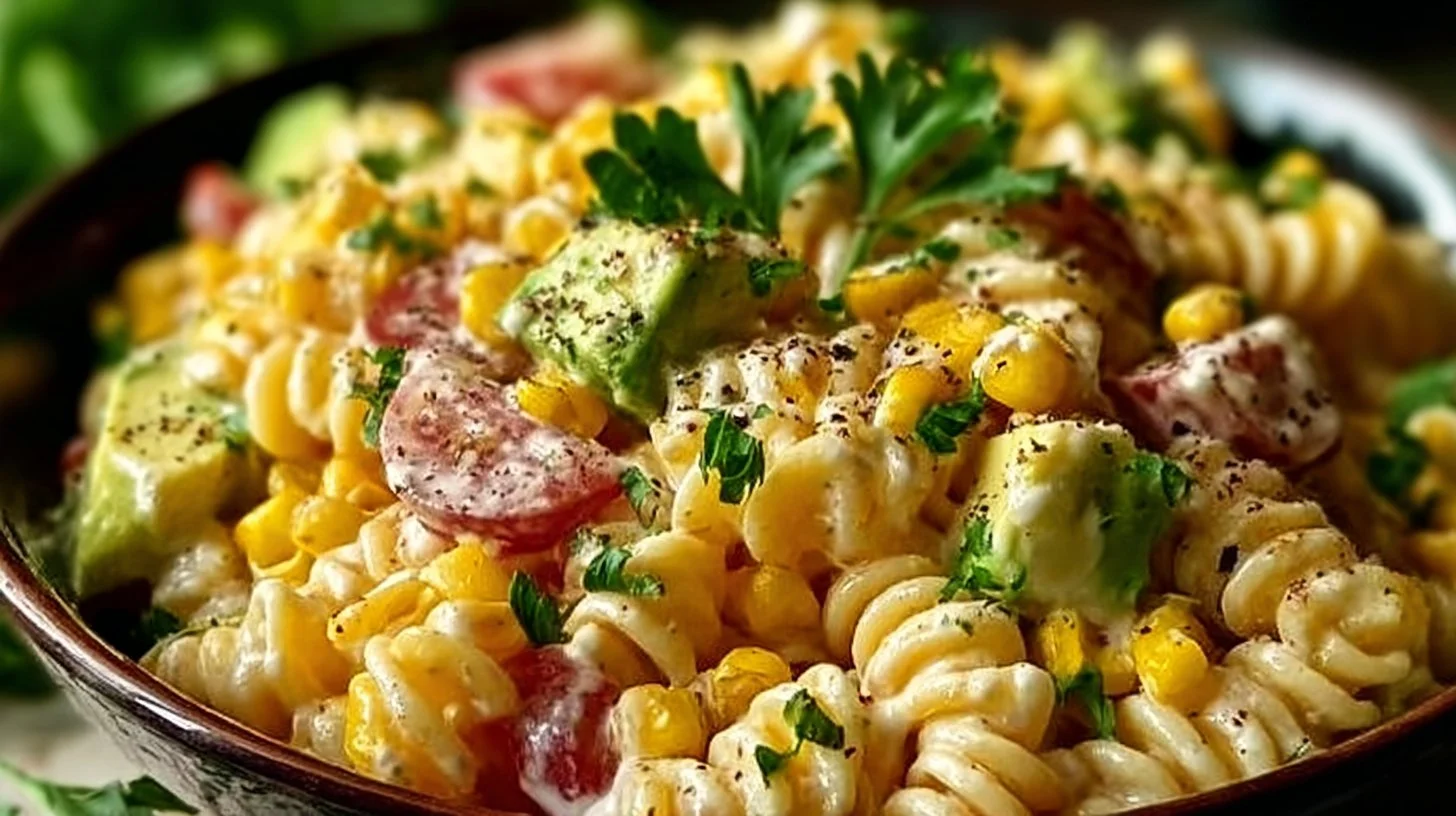 Mexican street corn pasta salad featuring corn, pasta, and creamy dressing