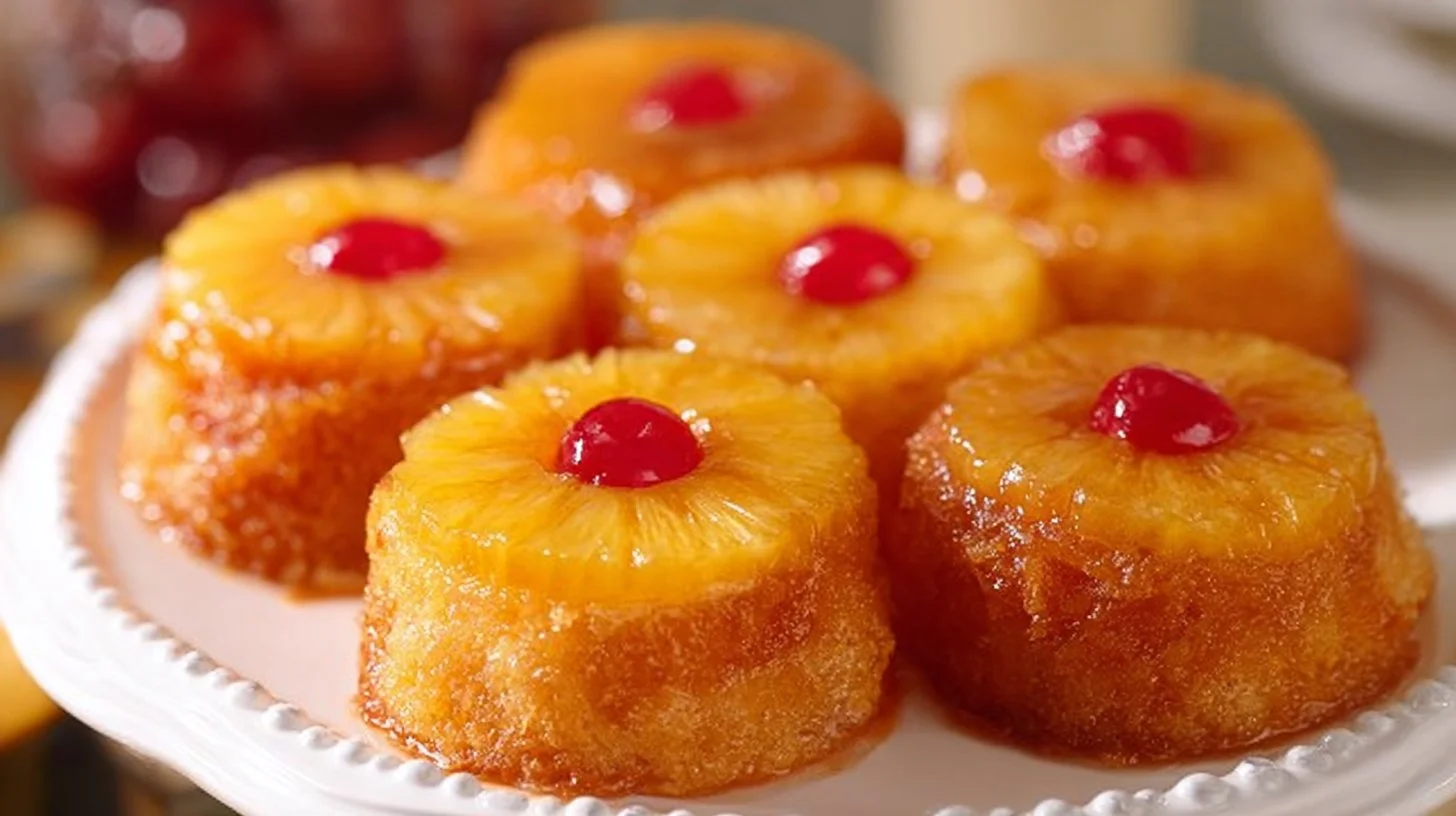 Delicious mini pineapple upside down cakes served on a plate