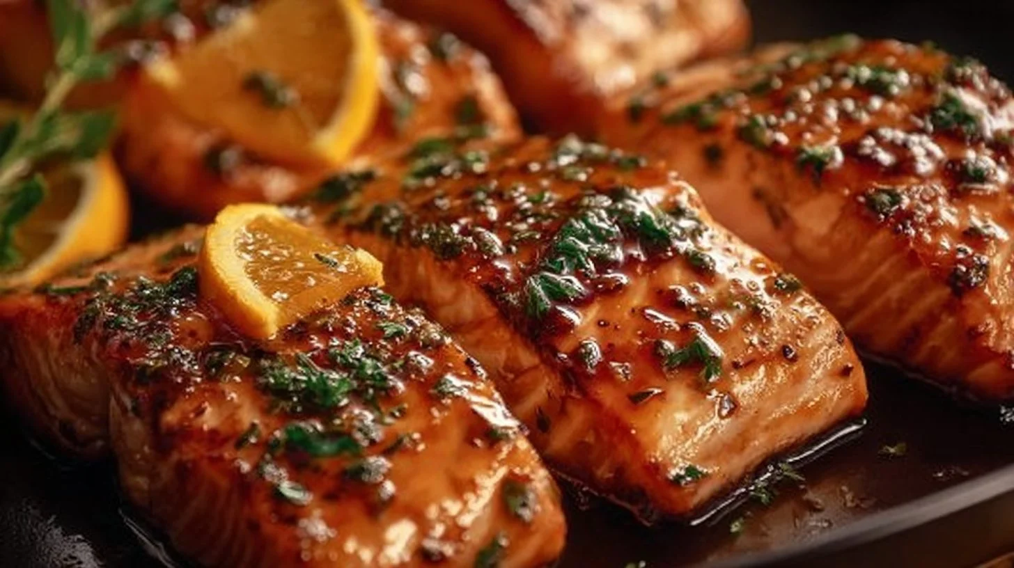 Delicious orange glazed salmon on a plate with garnishes