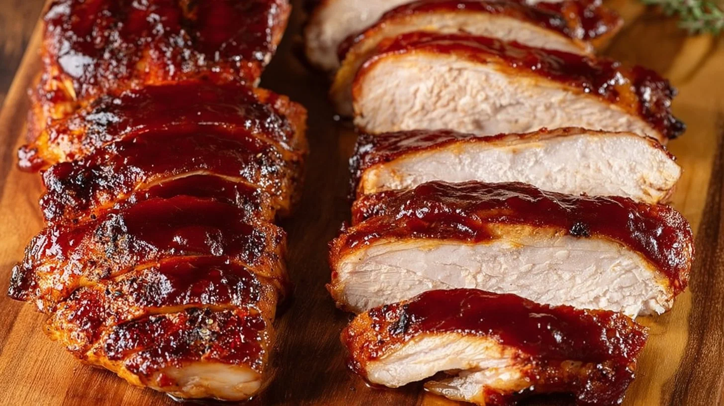 Juicy oven-baked BBQ chicken garnished with herbs on a plate