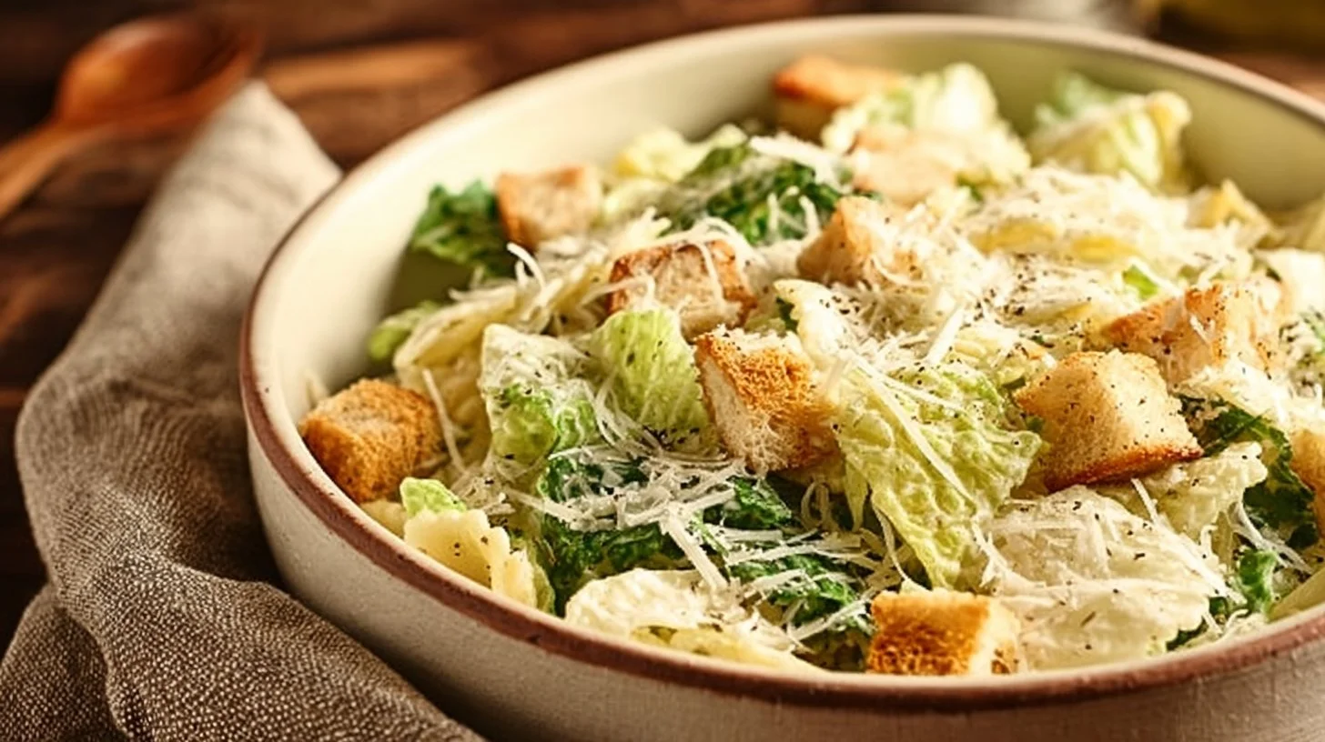 A delicious bowl of Pasta Caesar Salad with crispy croutons and fresh greens