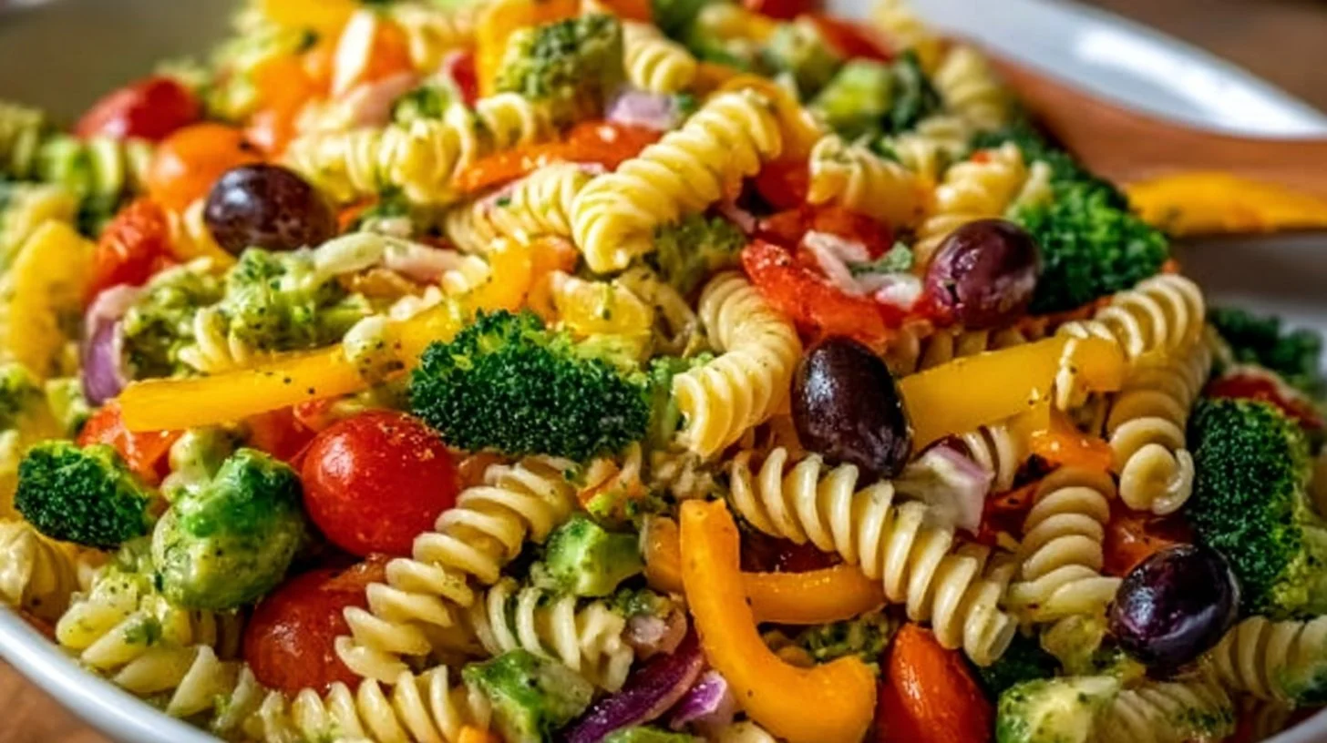 Colorful pasta salad with fresh vegetables and dressing in a bowl