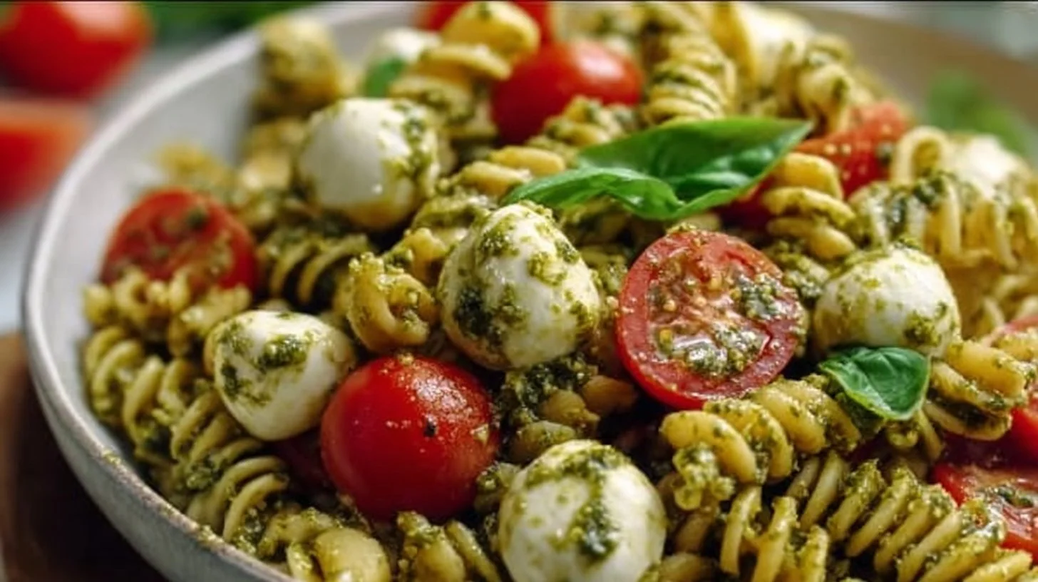 Pesto Caprese Pasta Salad with tomatoes, mozzarella, and basil