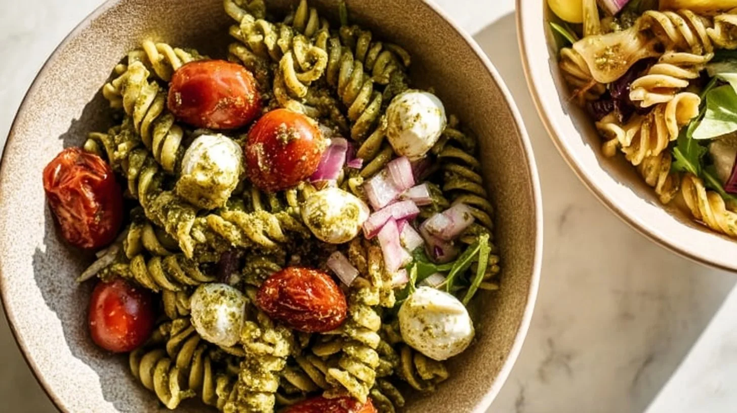 Delicious pesto pasta salad with fresh vegetables and herbs.