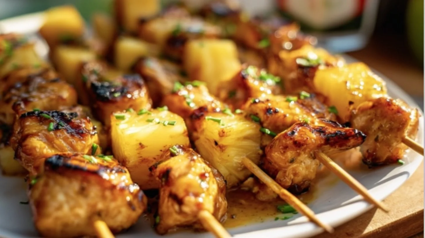 Delicious Pineapple Chicken Kabobs on the grill with vibrant vegetables