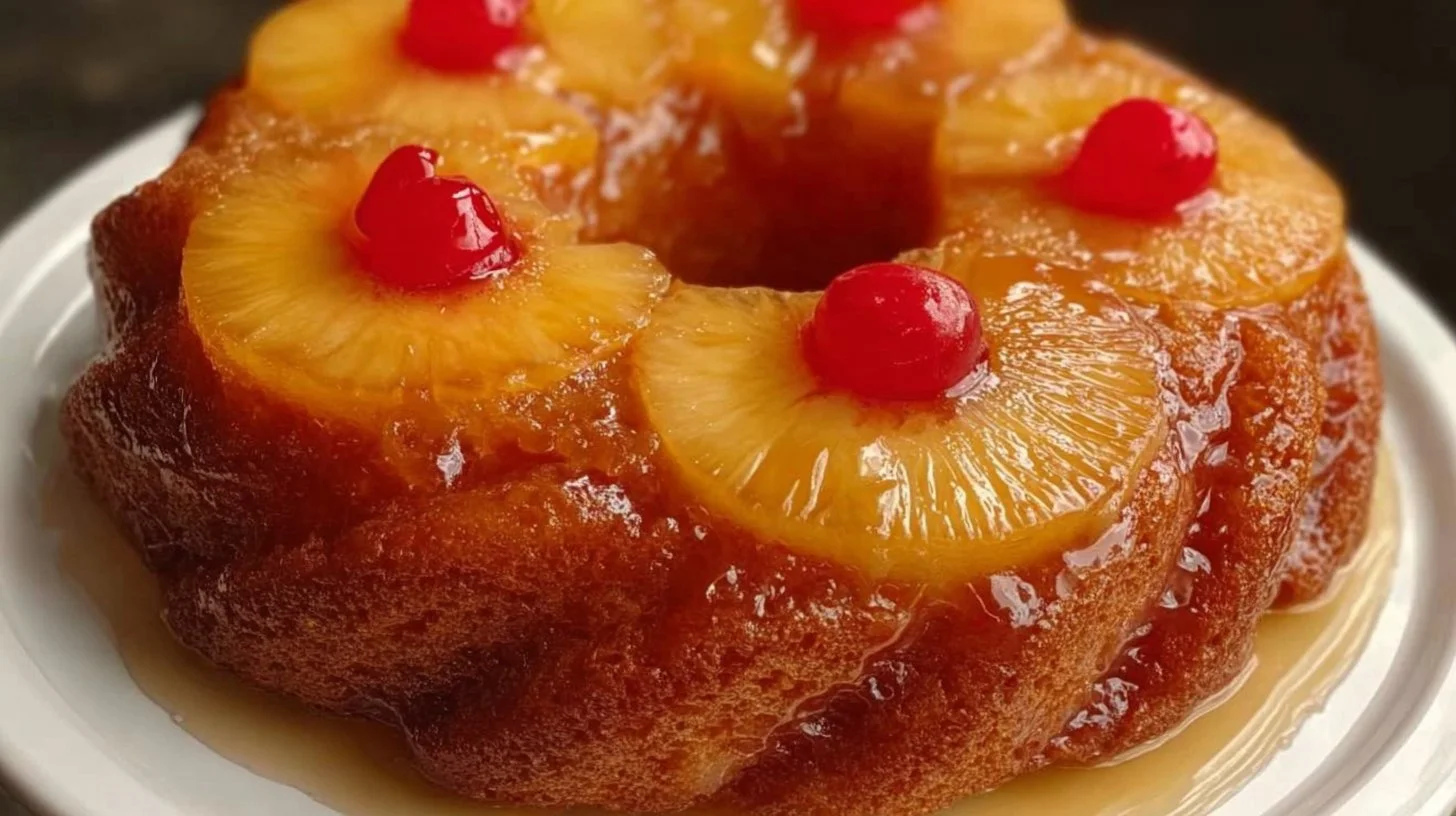 Pineapple Upside Down Bundt Cake with caramelized pineapple topping