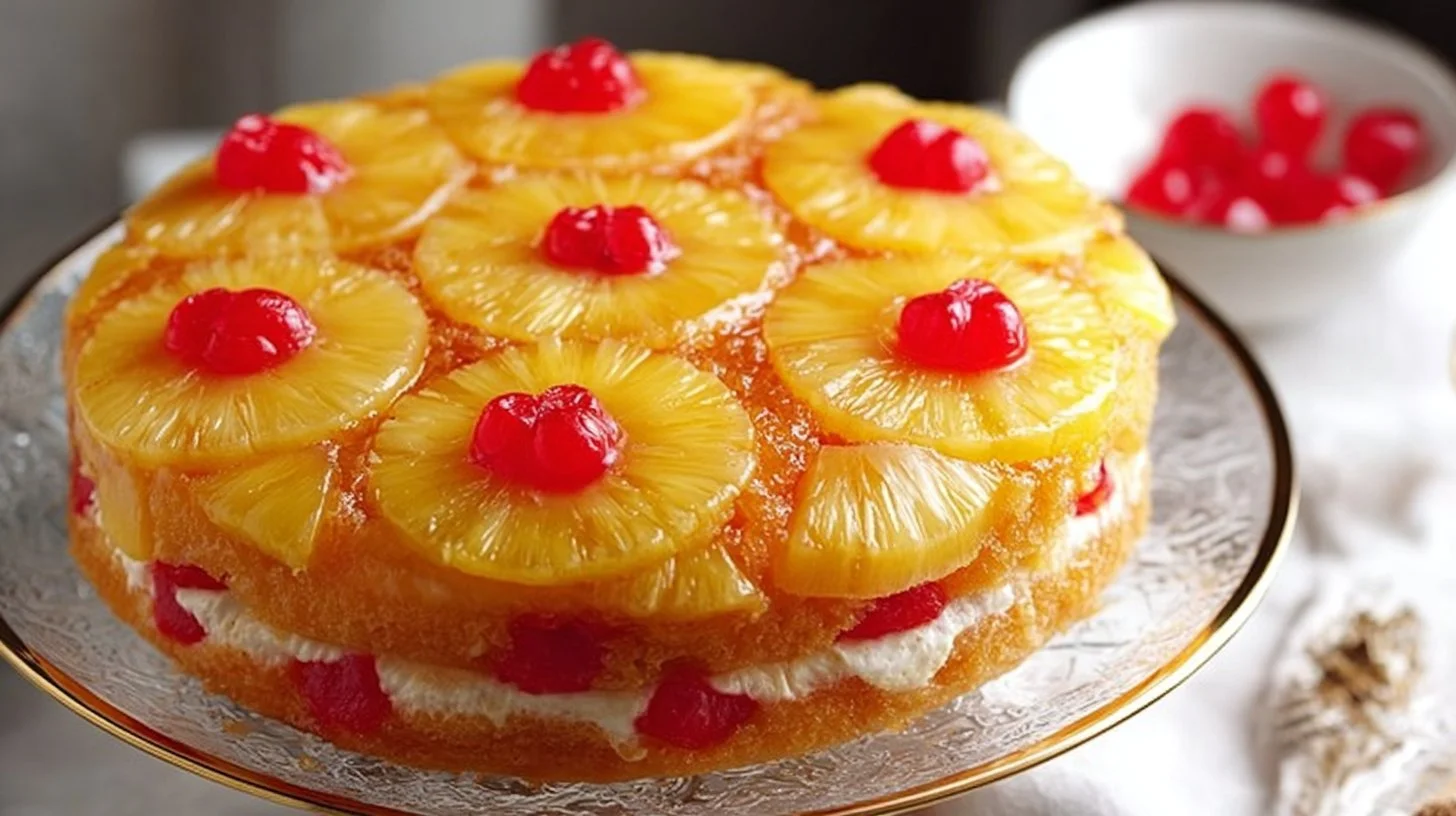 Delicious homemade Pineapple Upside Down Cake with caramelized pineapples