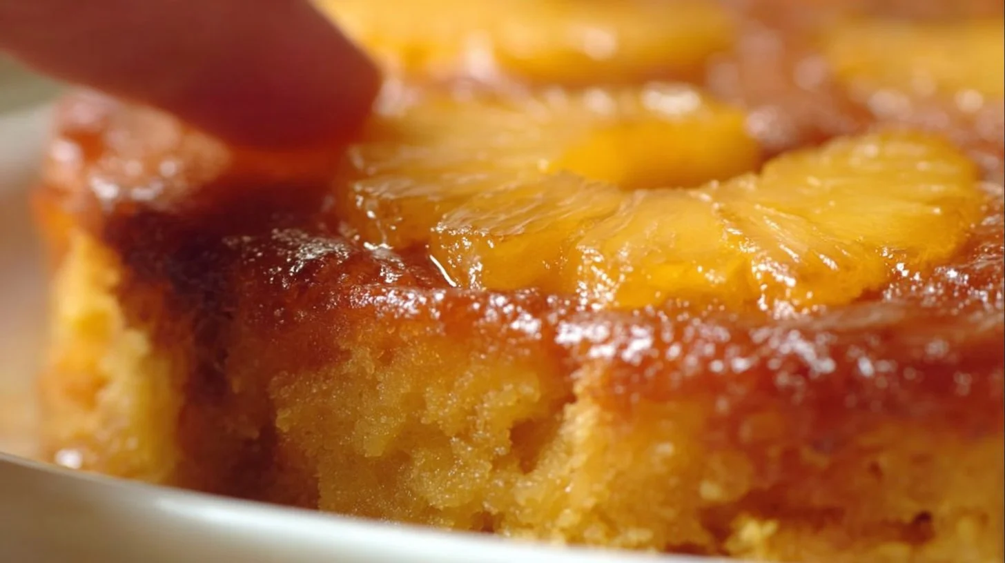Delicious homemade Pineapple Upside-Down Cake on a dessert platter