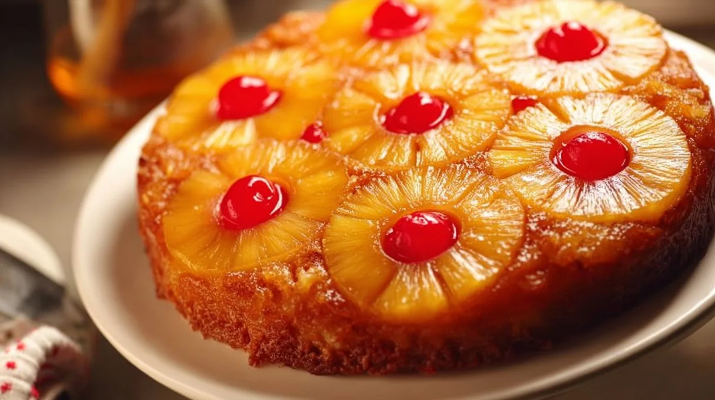 Delicious homemade Pineapple Upside-Down Cake with pineapple slices on top.