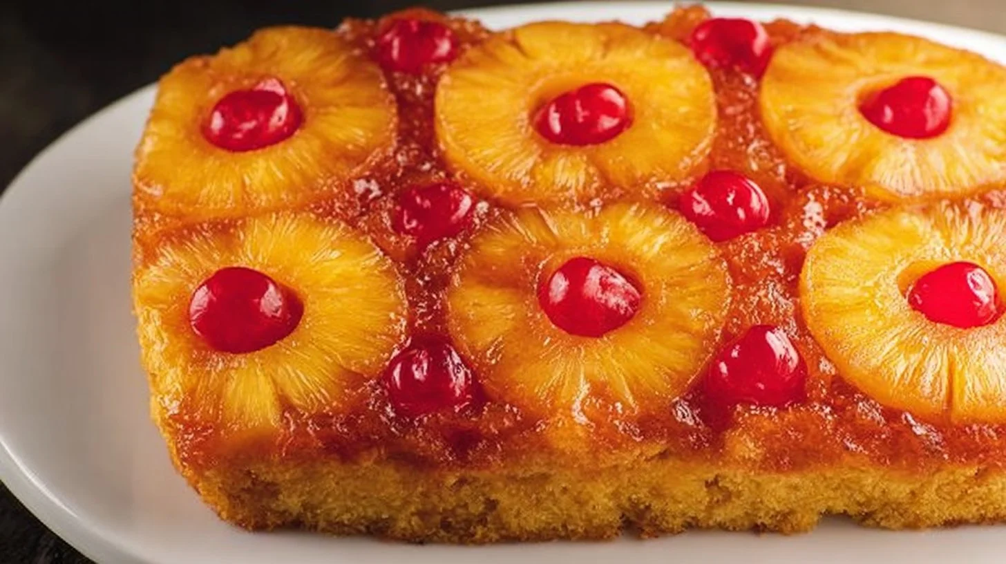 Delicious Pineapple Upside Down Cake with caramelized pineapple topping
